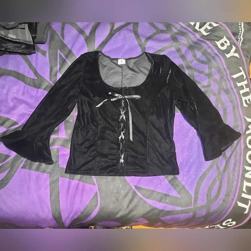 Chic Black Velvet Lace-Up Women's Blouse